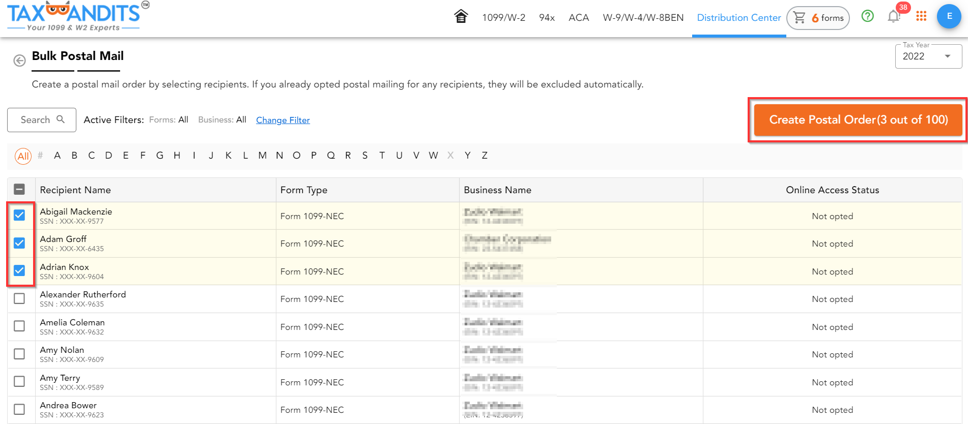 How to enable postal mailing and online access from the dashboard?