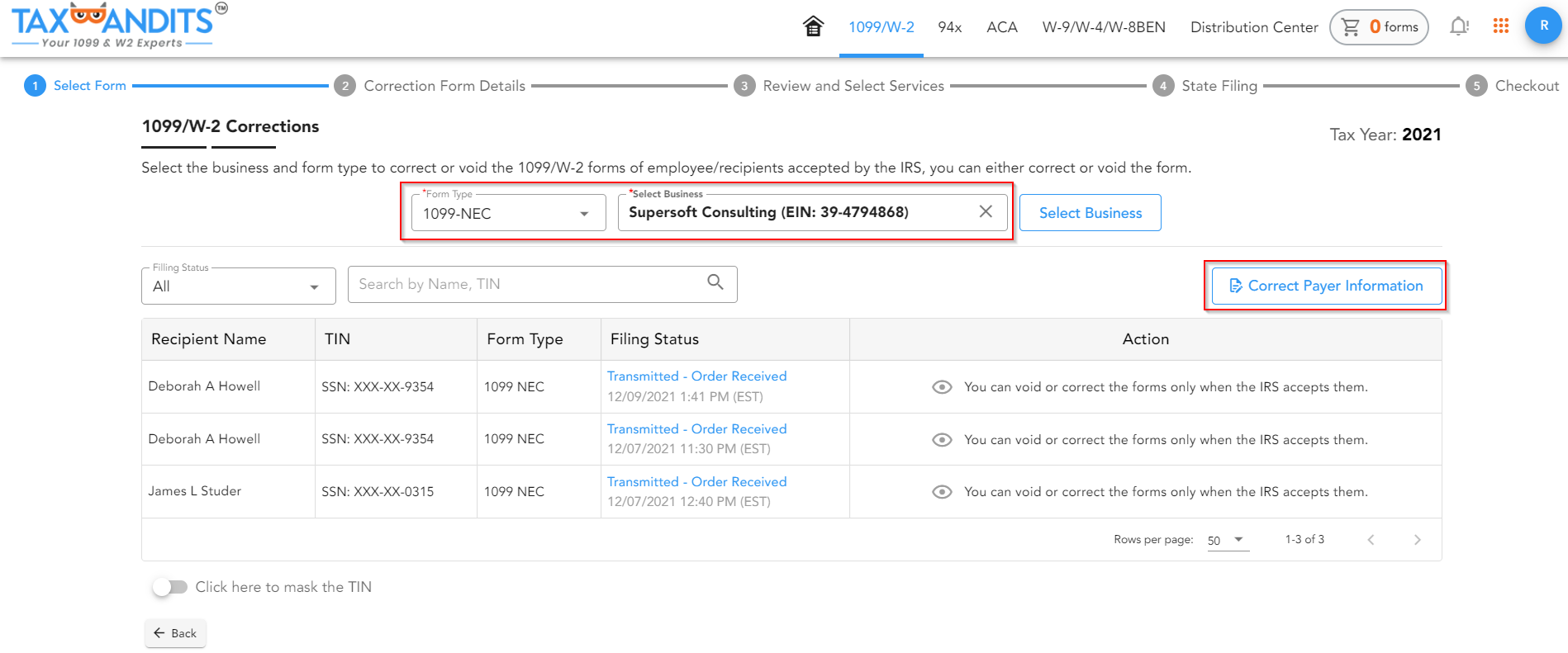 How do I correct Payer Name and/or TIN in 1099s?