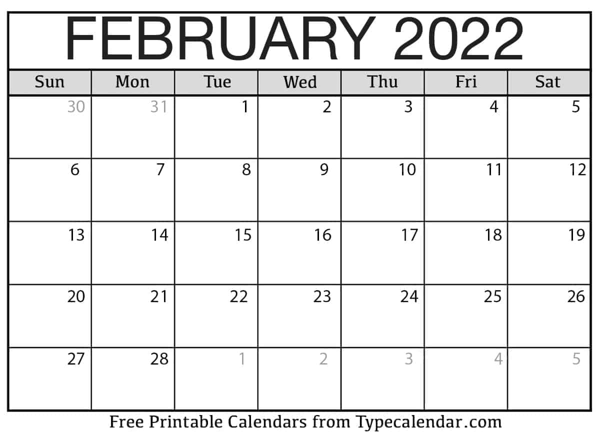 2022 february monthly calendar printable