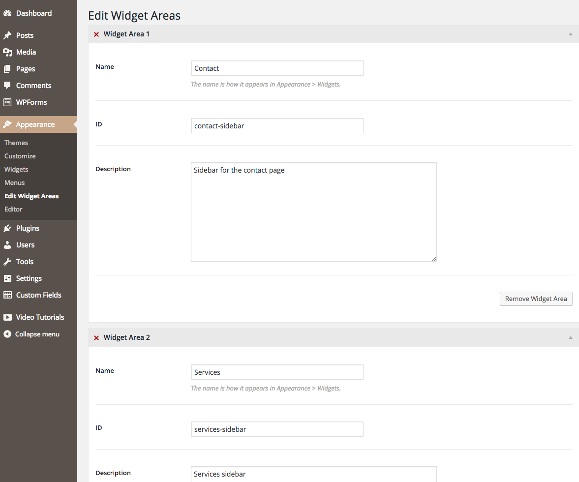 edit widget areas