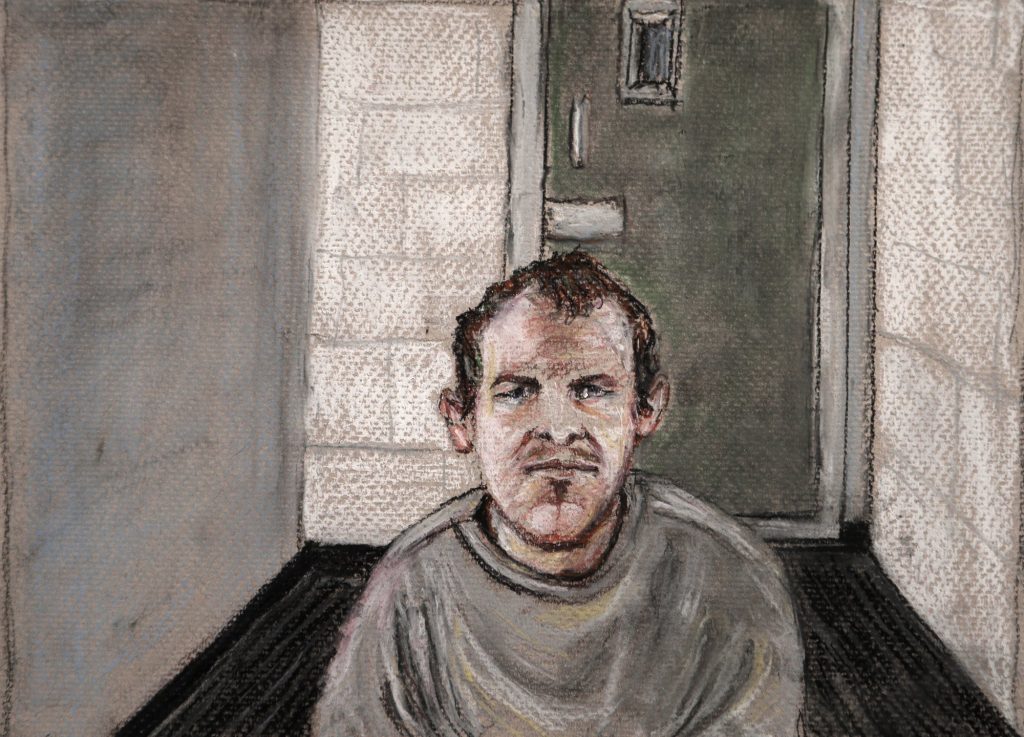 In this courtroom drawing, Brenton Tarrant, the man accused of killing 51 people at two Christchurch mosques on March 15, 2019 appears via video link at the Christchurch District Court, from the maximum security prison in Auckland where he's being held, Christchurch, New Zealand, Friday, June 14, 2019. Tarrant pleaded not guilty to all the charges filed against him. (AP Photo/Stephanie McEwin)