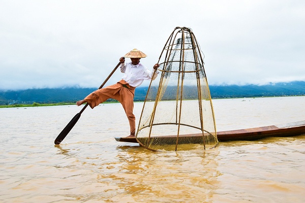 A fisherman on Inle Lake in Myanmar