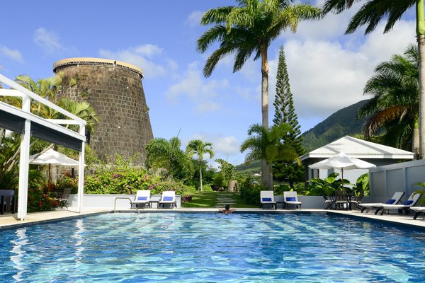 The pool and 300-year-old sugar mill at the Montpelier Plantation & Beach in Nevis
