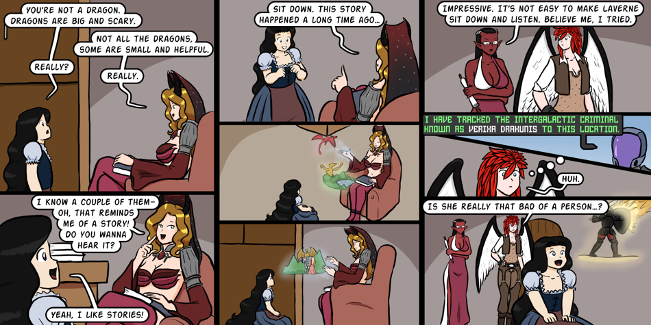 Breadfinder - Episode 464, Page 1: 464-A dragon, a gunslinger and a child enter a library...
