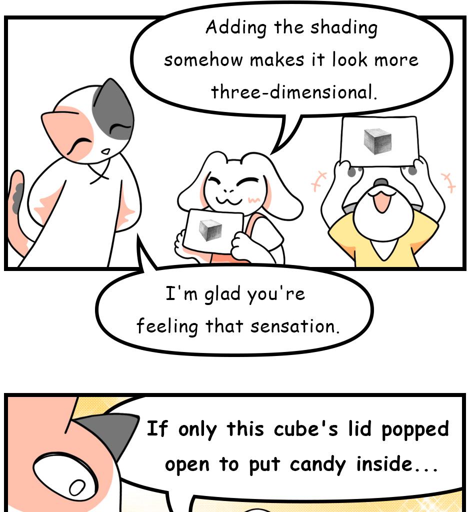 Mikesaka Art Class (◆Episodes are about art methods.) - Episode 109, Page 12: 85. ◆Shading a Cube