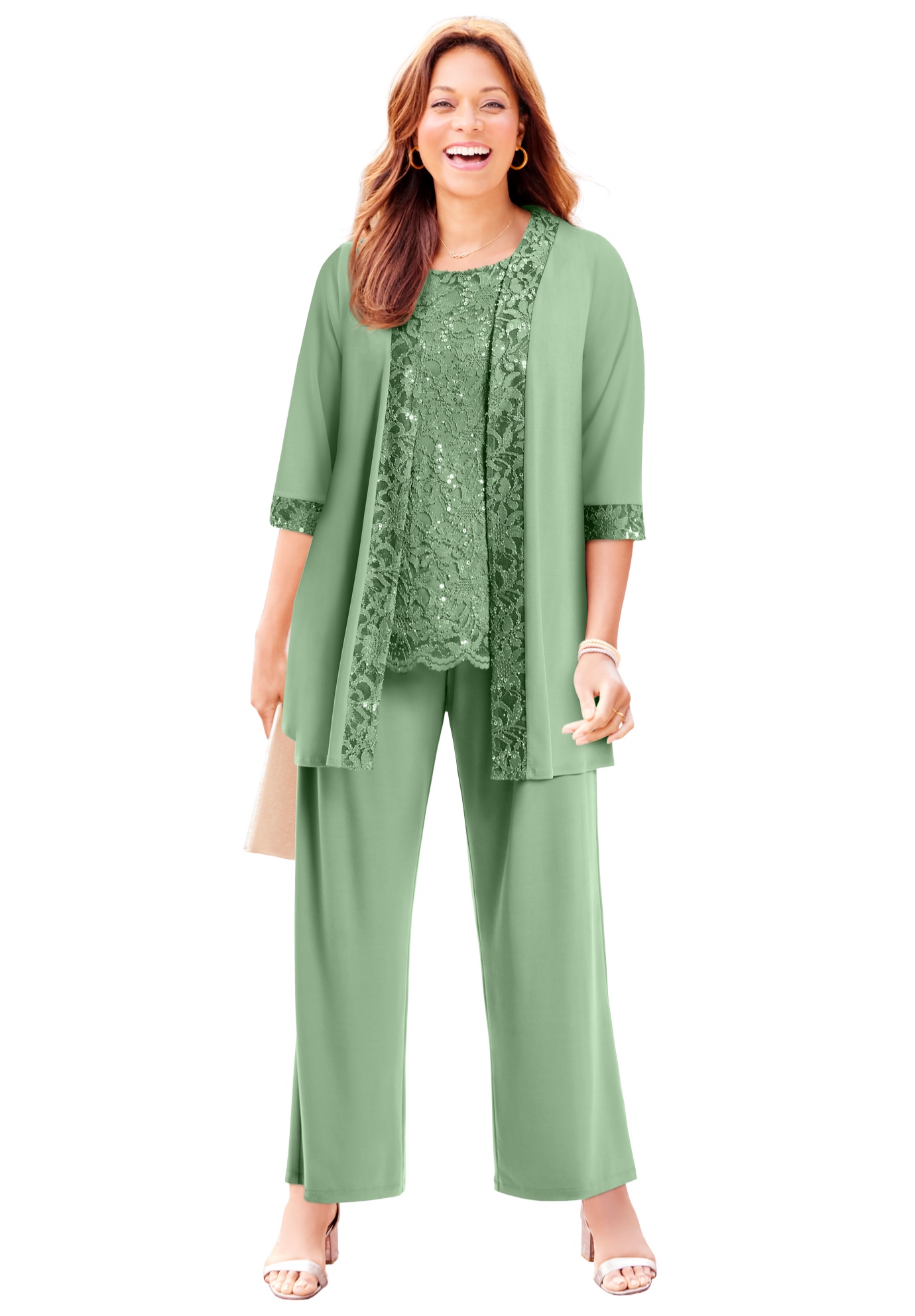 Catherines Women's Plus Size Petite 3-Piece Lace Gala Pant Suit - Picture 17 of 19
