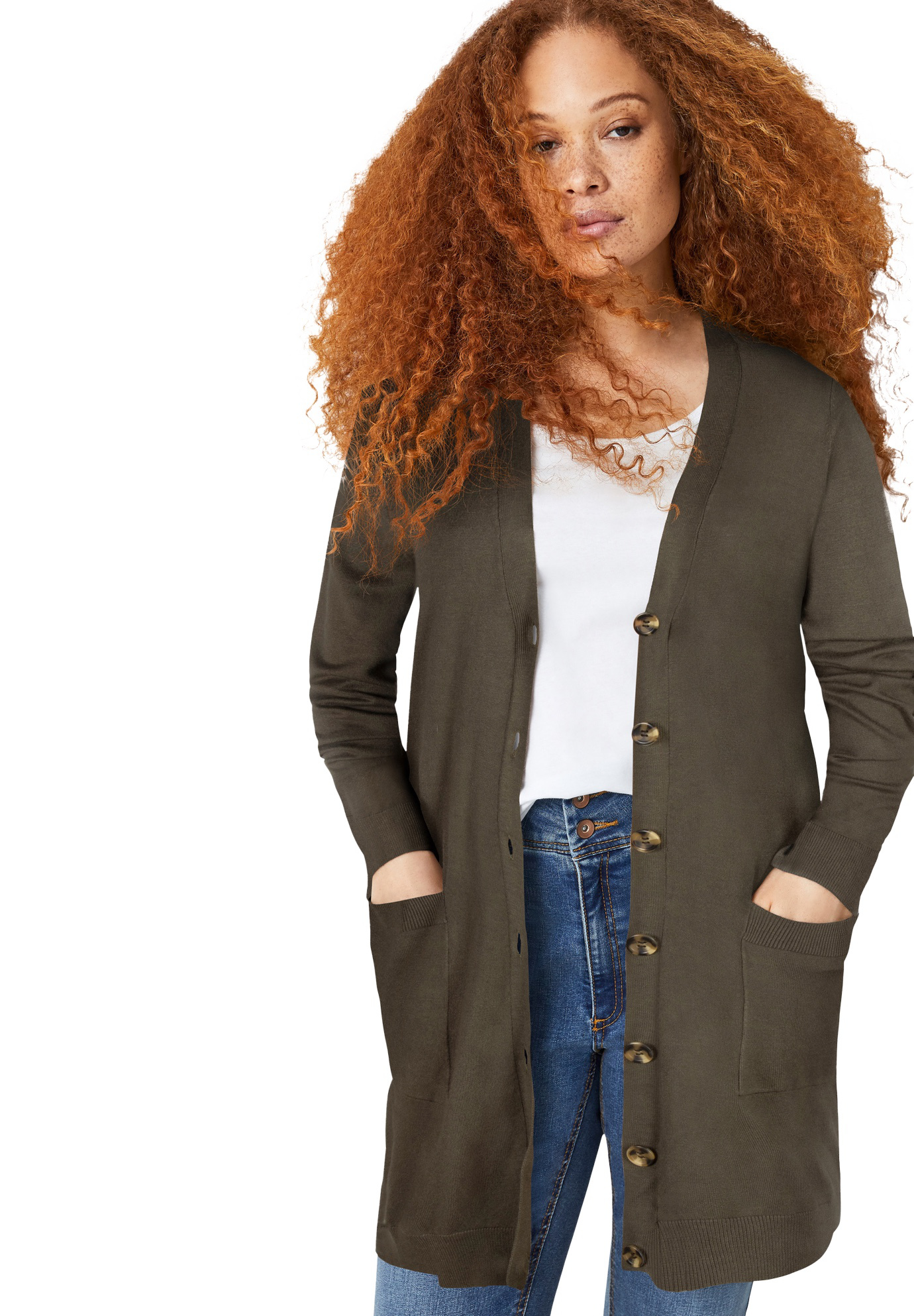 Plus Size Women's Long Boyfriend Cardigan with Tortoise Buttons by ellos in Deep Olive (Size 34/36)
