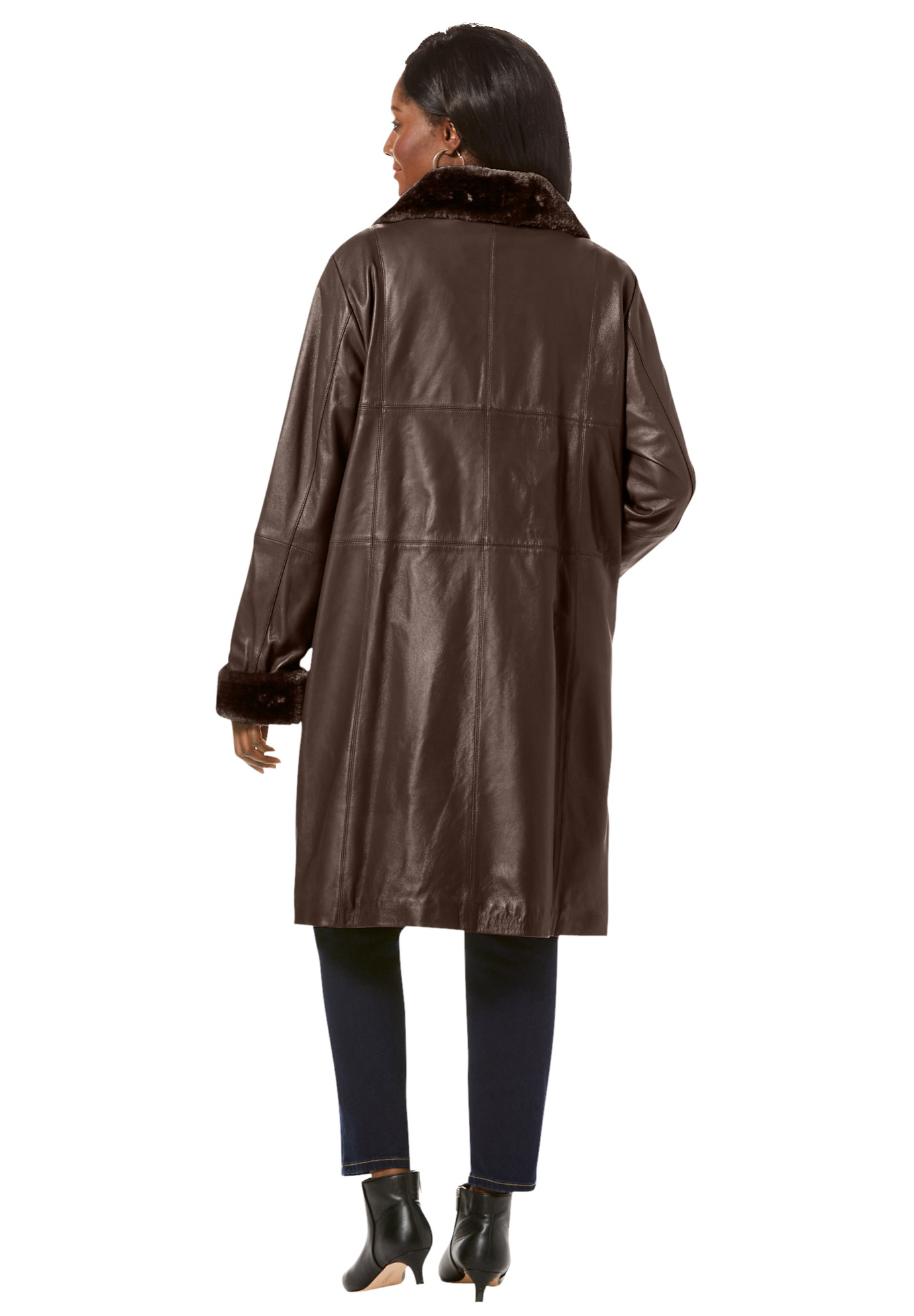 Jessica London Women's Plus Size Fur-Trim Leather Swing Coat Leather Jacket | eBay