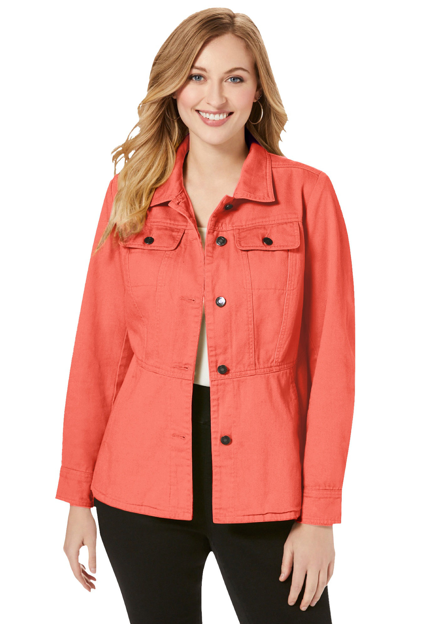 Plus Size Women's Peplum Denim Jacket by Jessica London in Dusty Coral
