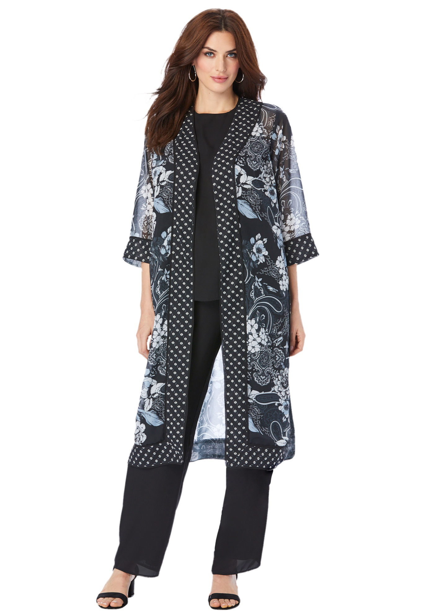 Roaman's Women's Plus Size Three-Piece Duster & Pant Suit Formal Sheer Duster