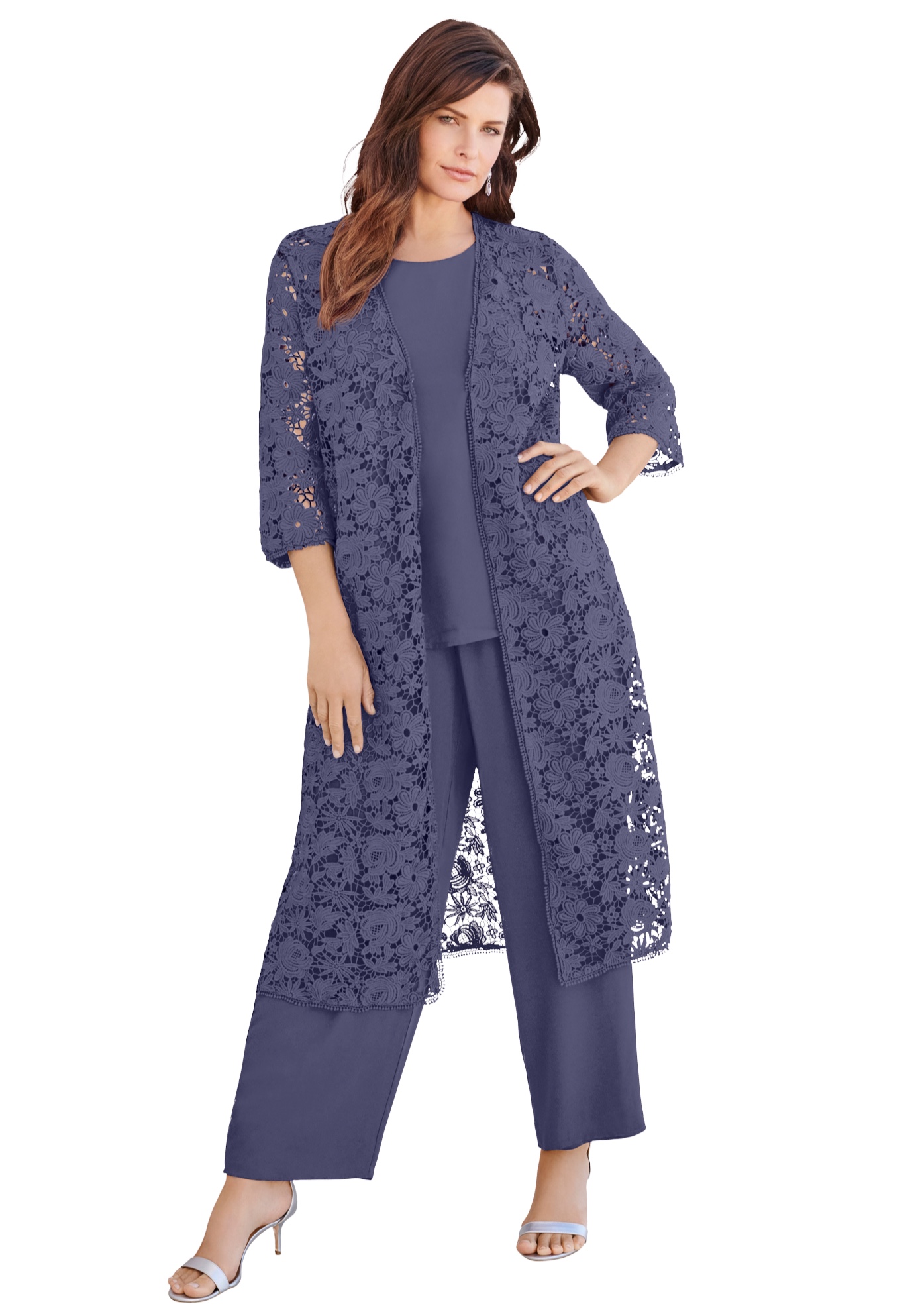 Roaman's Women's Plus Size Plus Size 3-Piece Allover Lace Duster Pant Set – - Picture 17 of 43