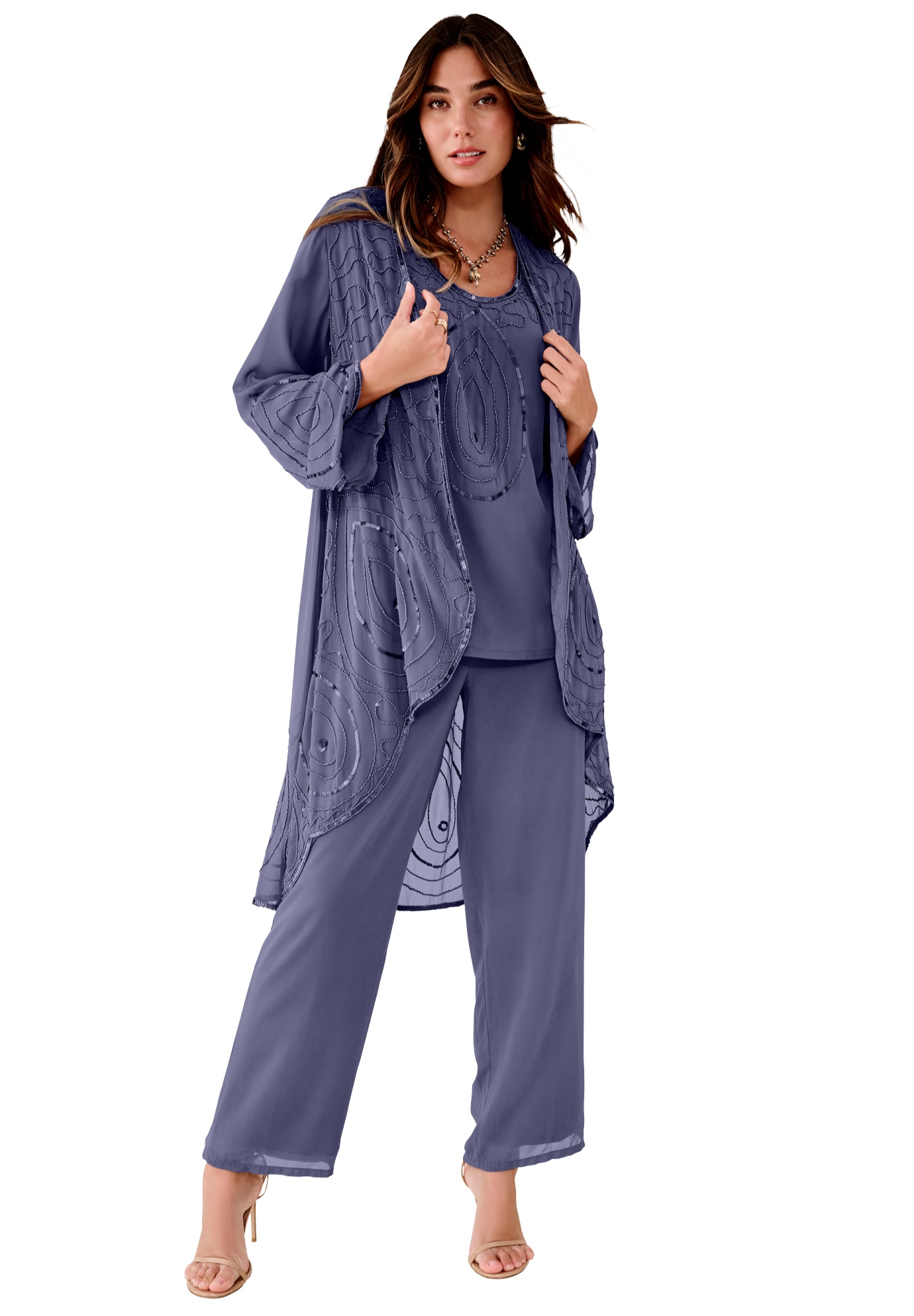 Roaman's Women's Plus Size Petite Plus Size Beaded Georgette 3-Piece Pant Set – - Picture 9 of 28