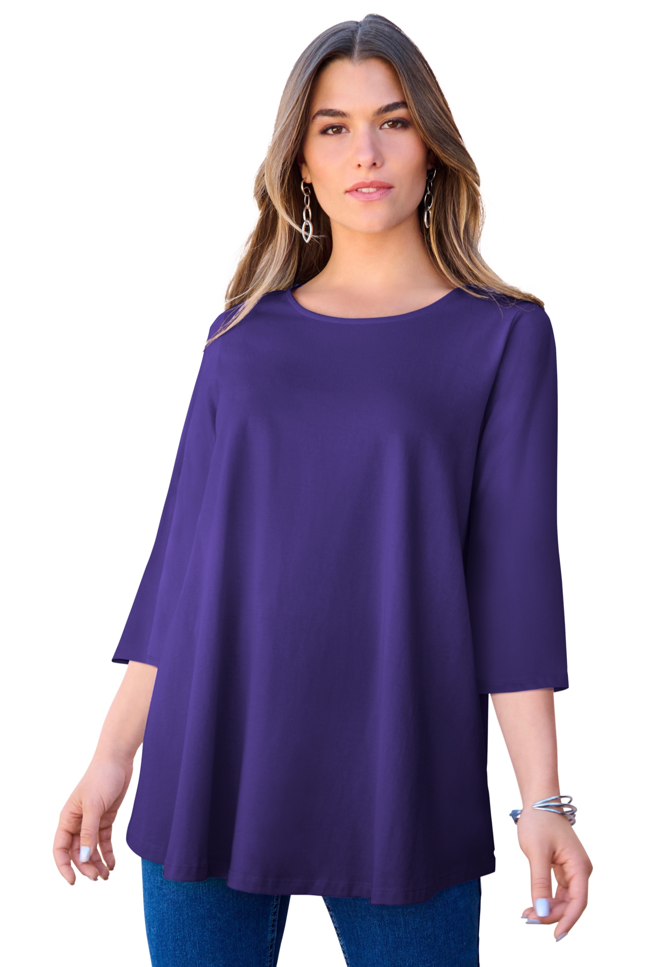 Roaman's Women's Plus Size Ultimate Three Quarter Sleeve Swing Tee - Picture 38 of 57