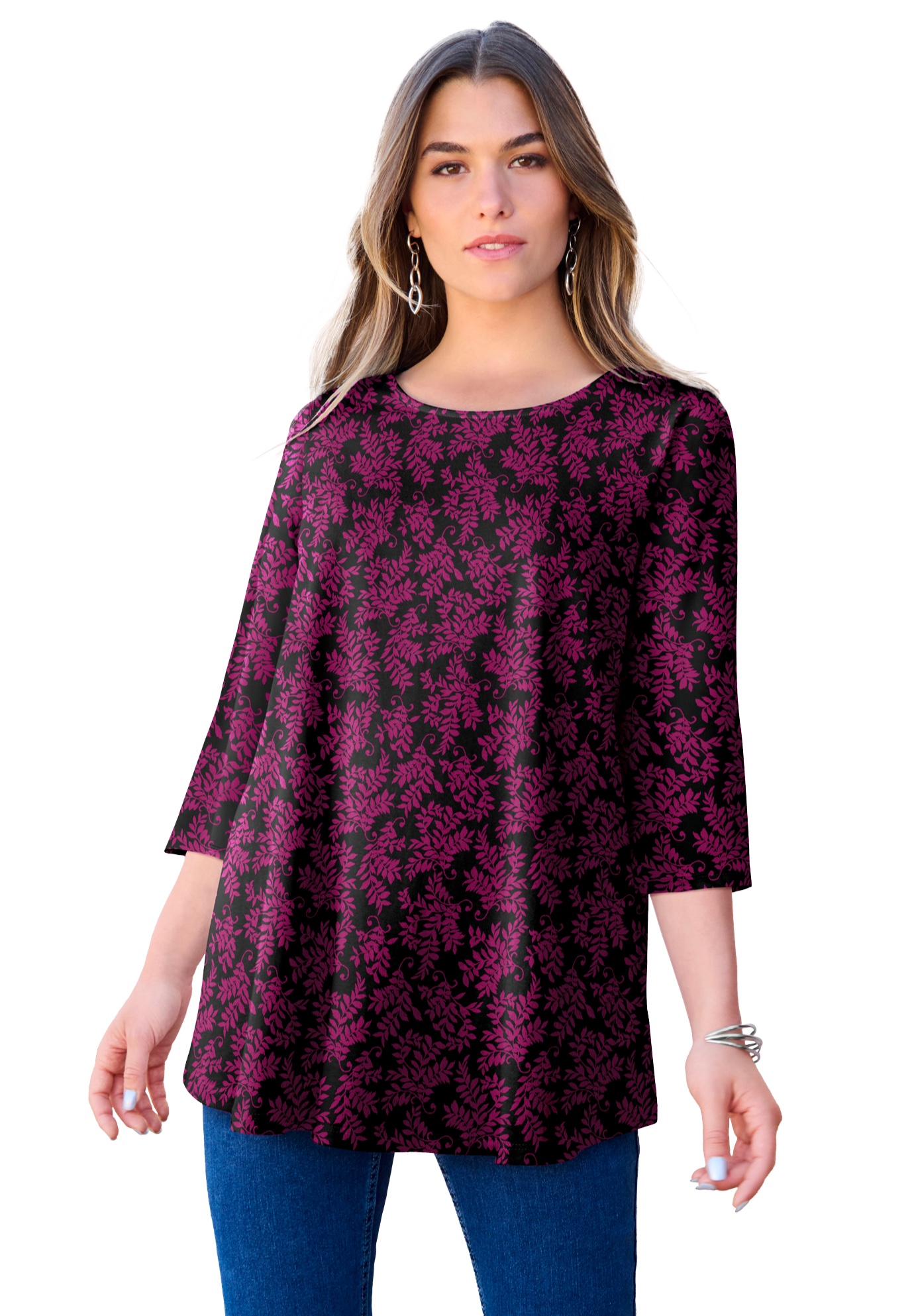 Roaman's Women's Plus Size Ultimate Three Quarter Sleeve Swing Tee - Picture 15 of 57