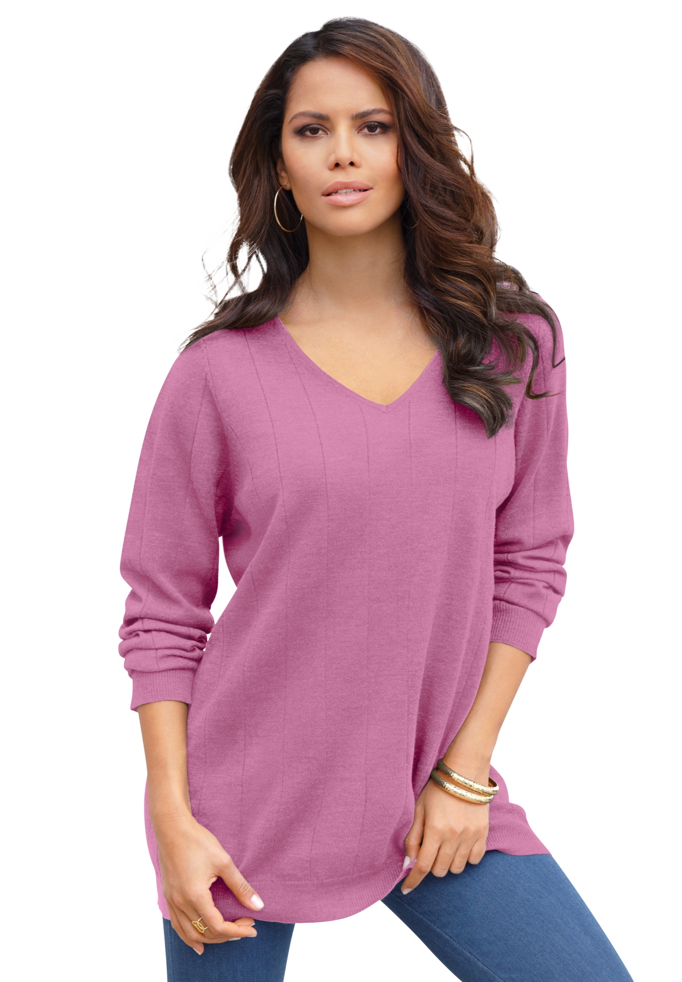 Roaman's Women's Plus Size Plus Size Drop Needle V-Neck Lightweight Sweater Knit - Picture 11 of 20