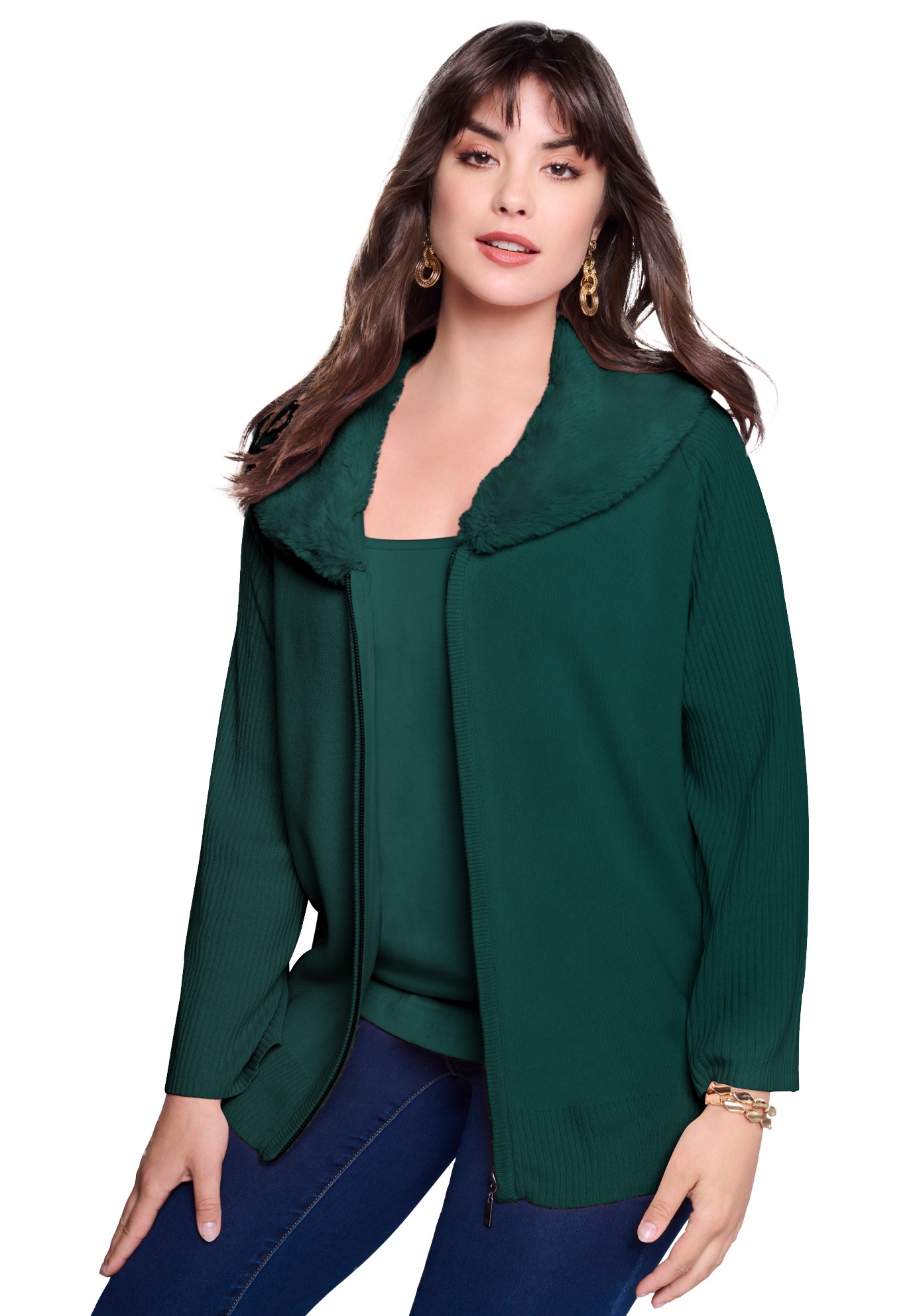 Roaman's Women's Plus Size Faux Fur Collar Cardigan Sweater. - Picture 9 of 15