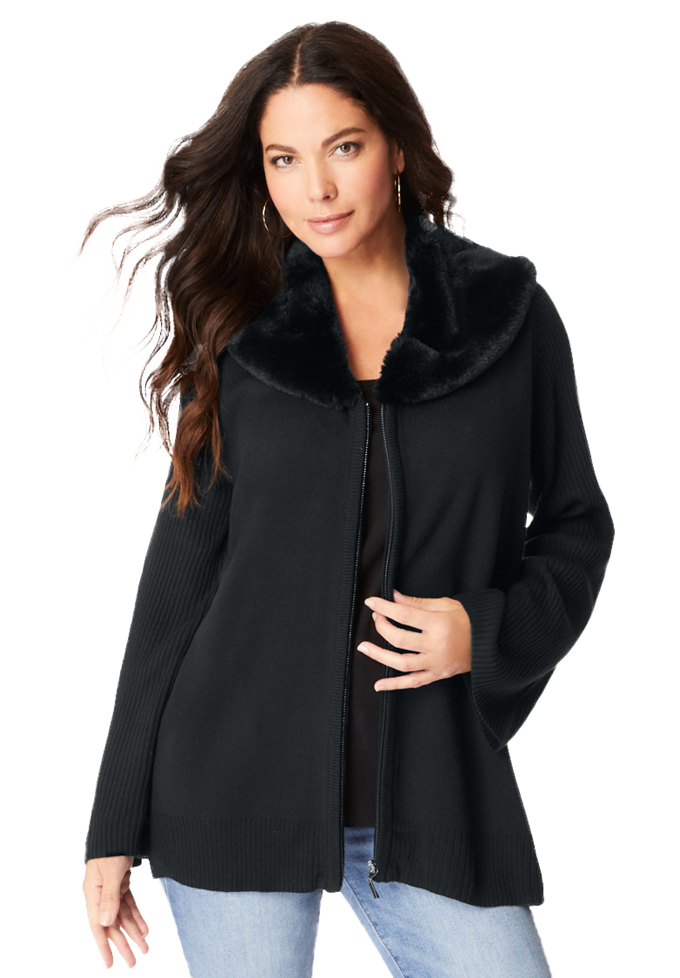 Roaman's Women's Plus Size Faux Fur Collar Cardigan Sweater. - Picture 7 of 15