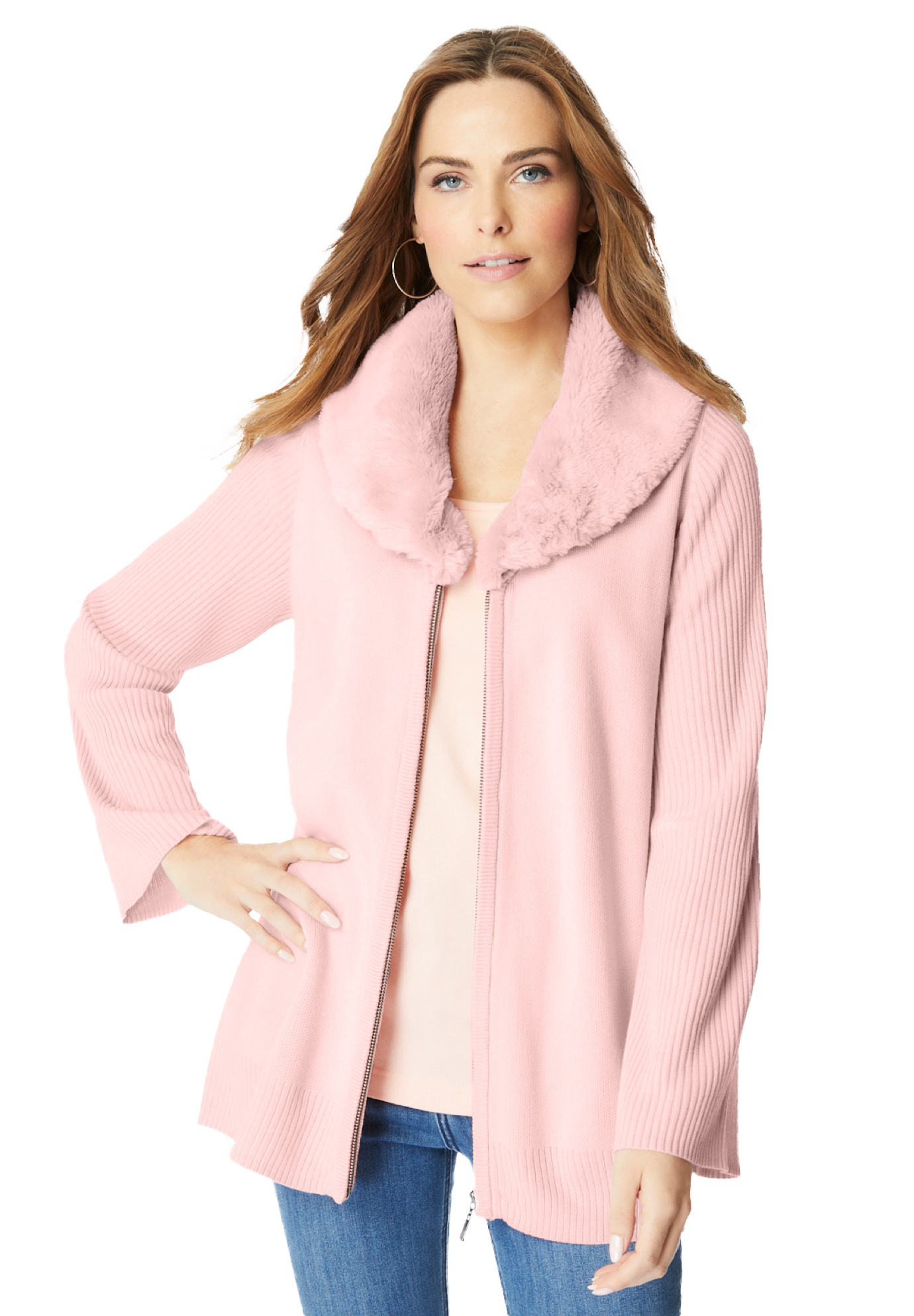 Roaman's Women's Plus Size Faux Fur Collar Cardigan Sweater. - Picture 13 of 15