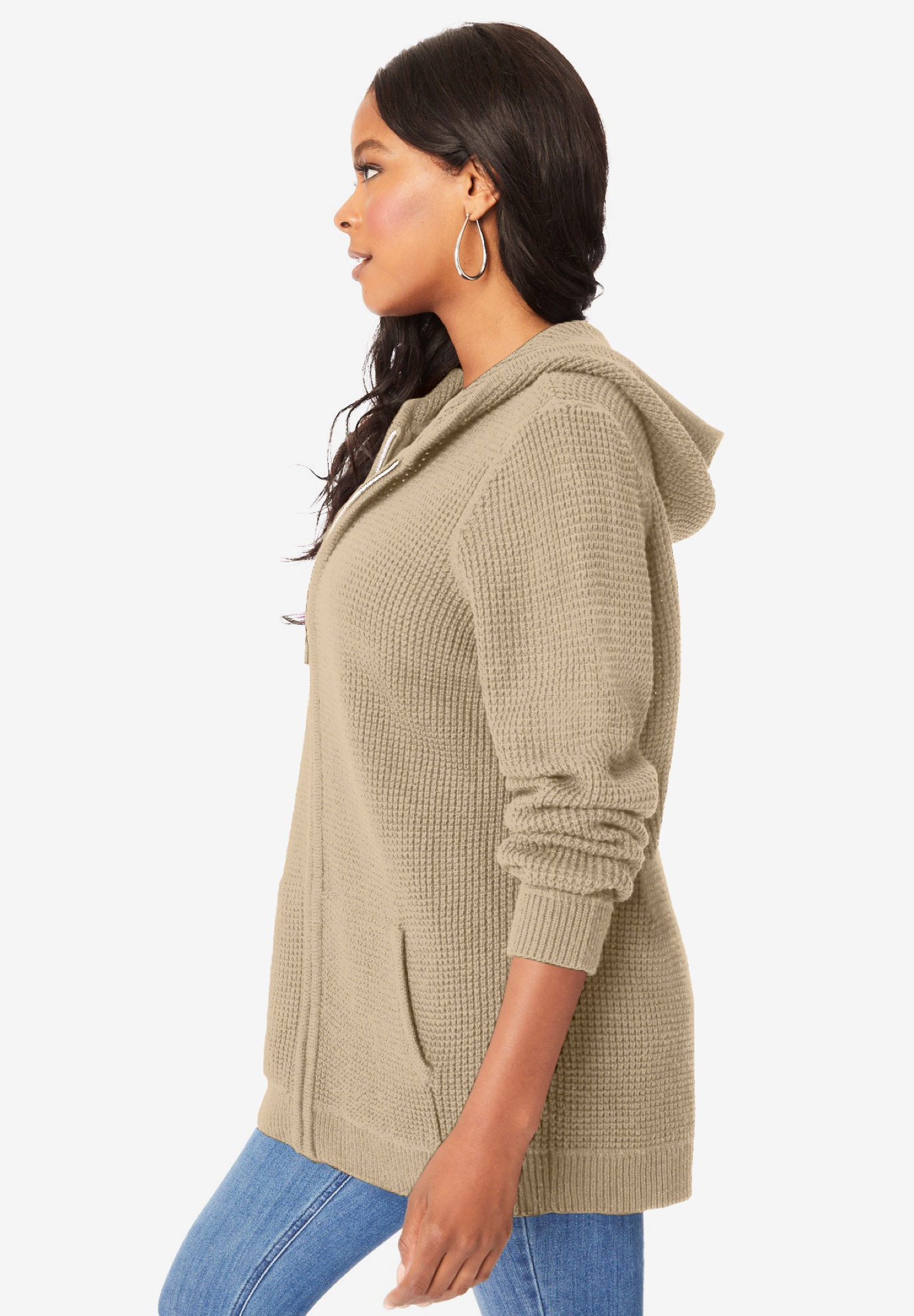 ZIP-UP FRONT HOODIE WITH RAGLAN SLEEVE DRESS - WAFFLE - PLUS SIZE