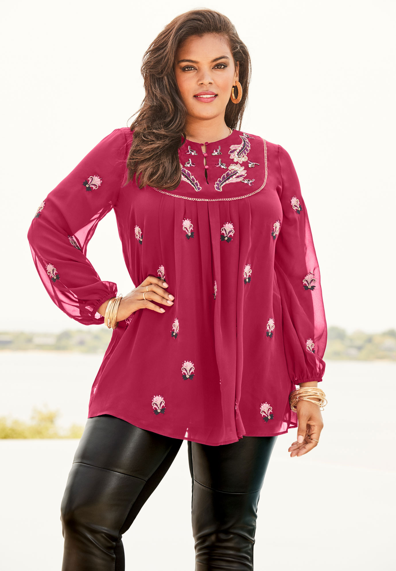 Roaman's Women's Plus Size Embroidered Peasant Tunic Long Shirt Blouse