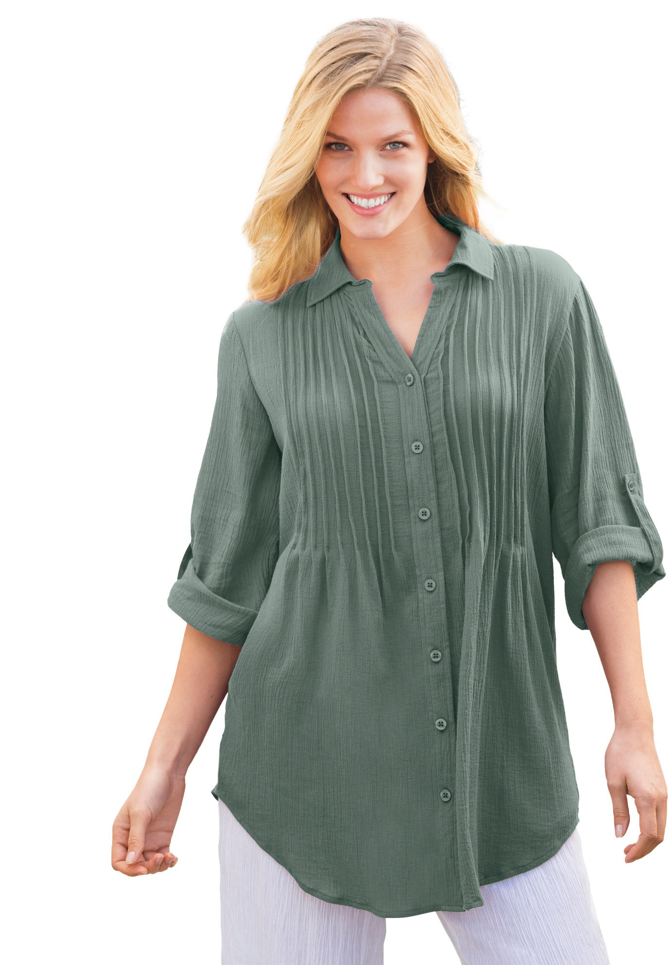 Woman Within Women's Plus Size Pintucked Button Down Gauze Shirt eBay