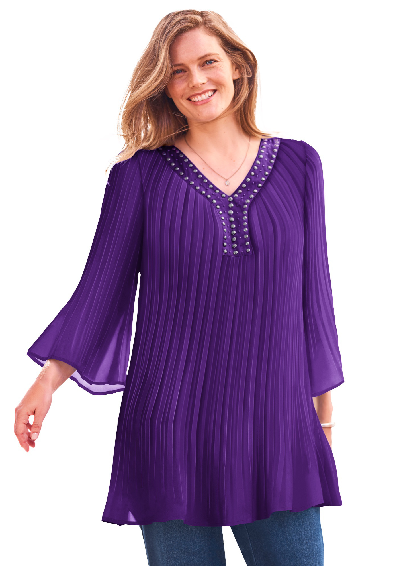 Woman Within Women s Plus Size Embellished Pleated Blouse Shirt EBay