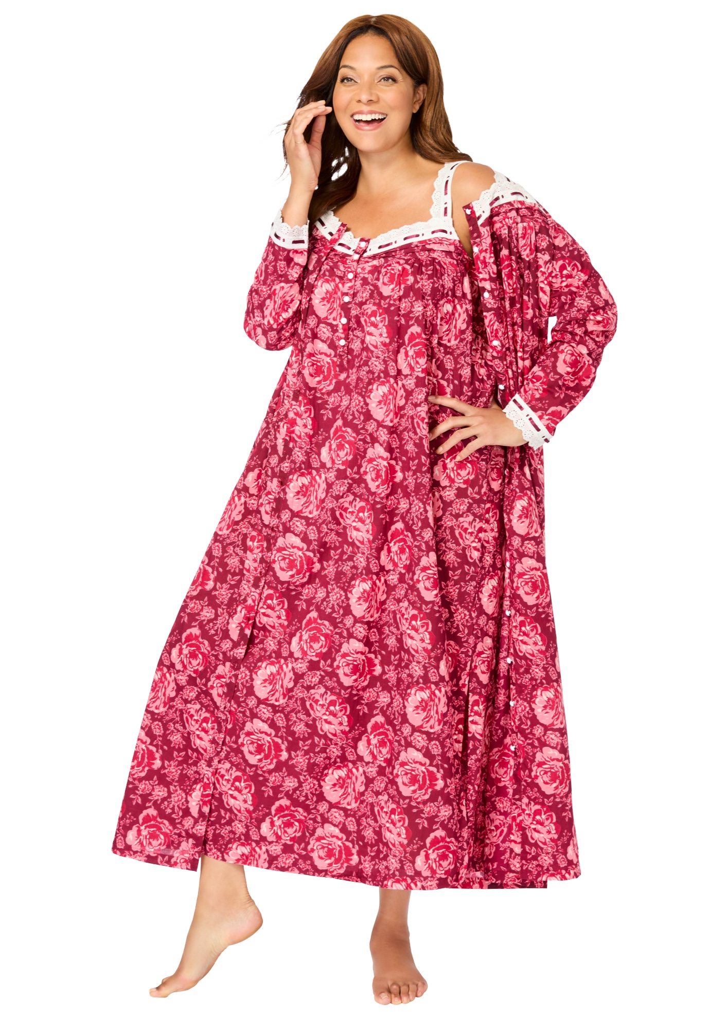 Only Necessities Plus Size Long 2-Piece Cabbage-Rose Peignoir Set - Picture 10 of 16