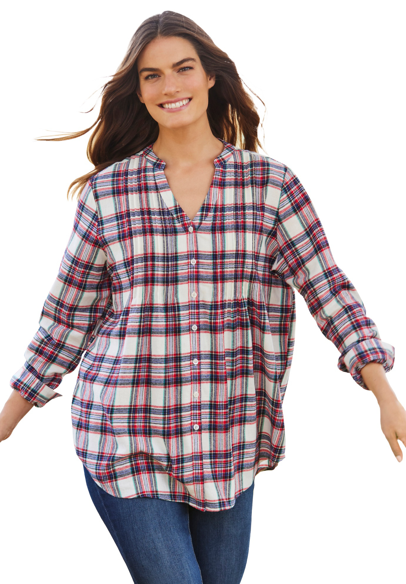 Woman Within Plus Size Pintucked Flannel Shirt