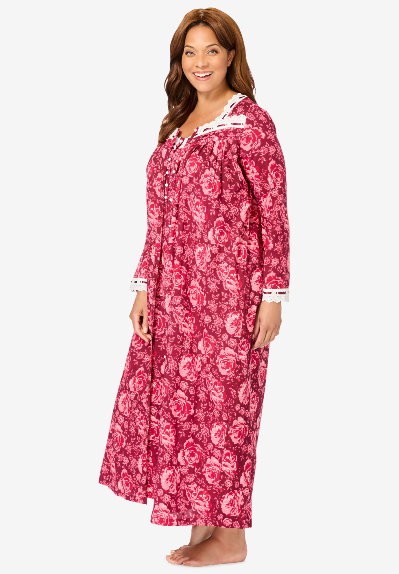 Only Necessities Plus Size Long 2-Piece Cabbage-Rose Peignoir Set - Picture 12 of 16