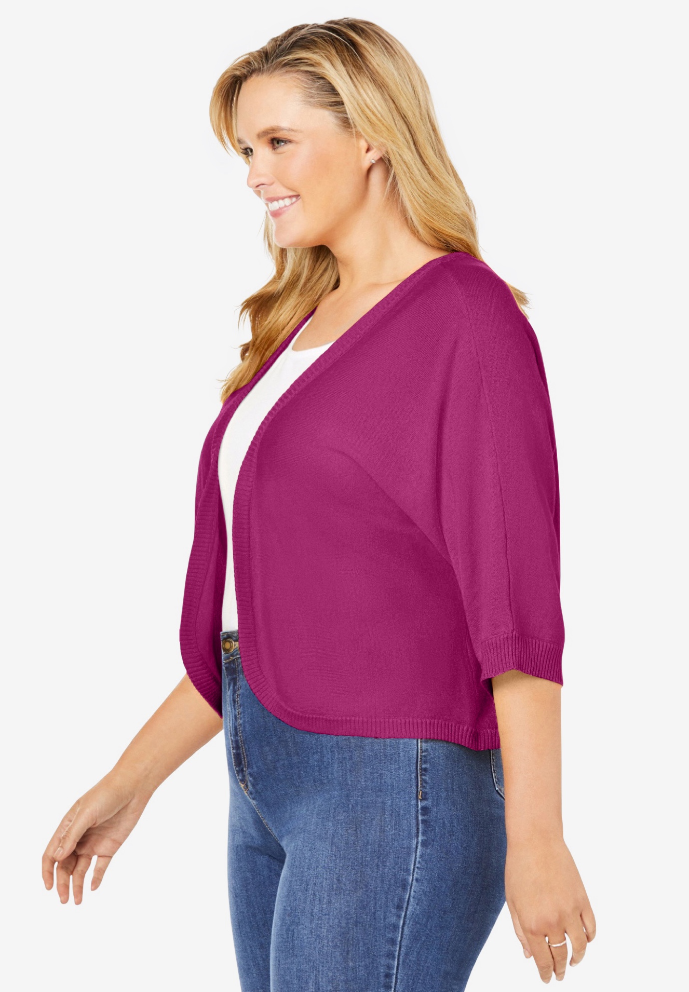 Woman Within Plus Size Rib Trim Cardigan Shrug – 100% Cotton Soft Sweater