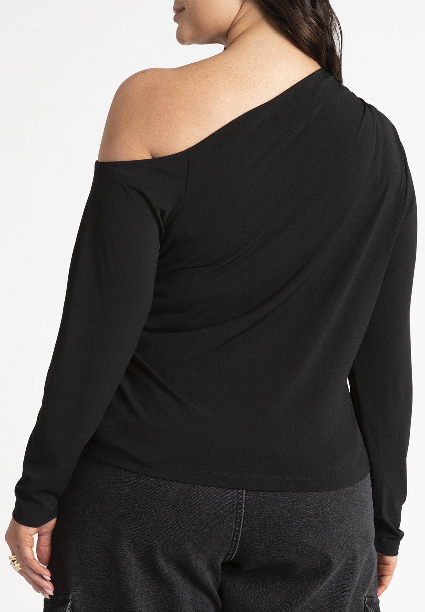 ELOQUII Women's Plus Size Ruched One Shoulder Tee With Thumbhole Sleeve
