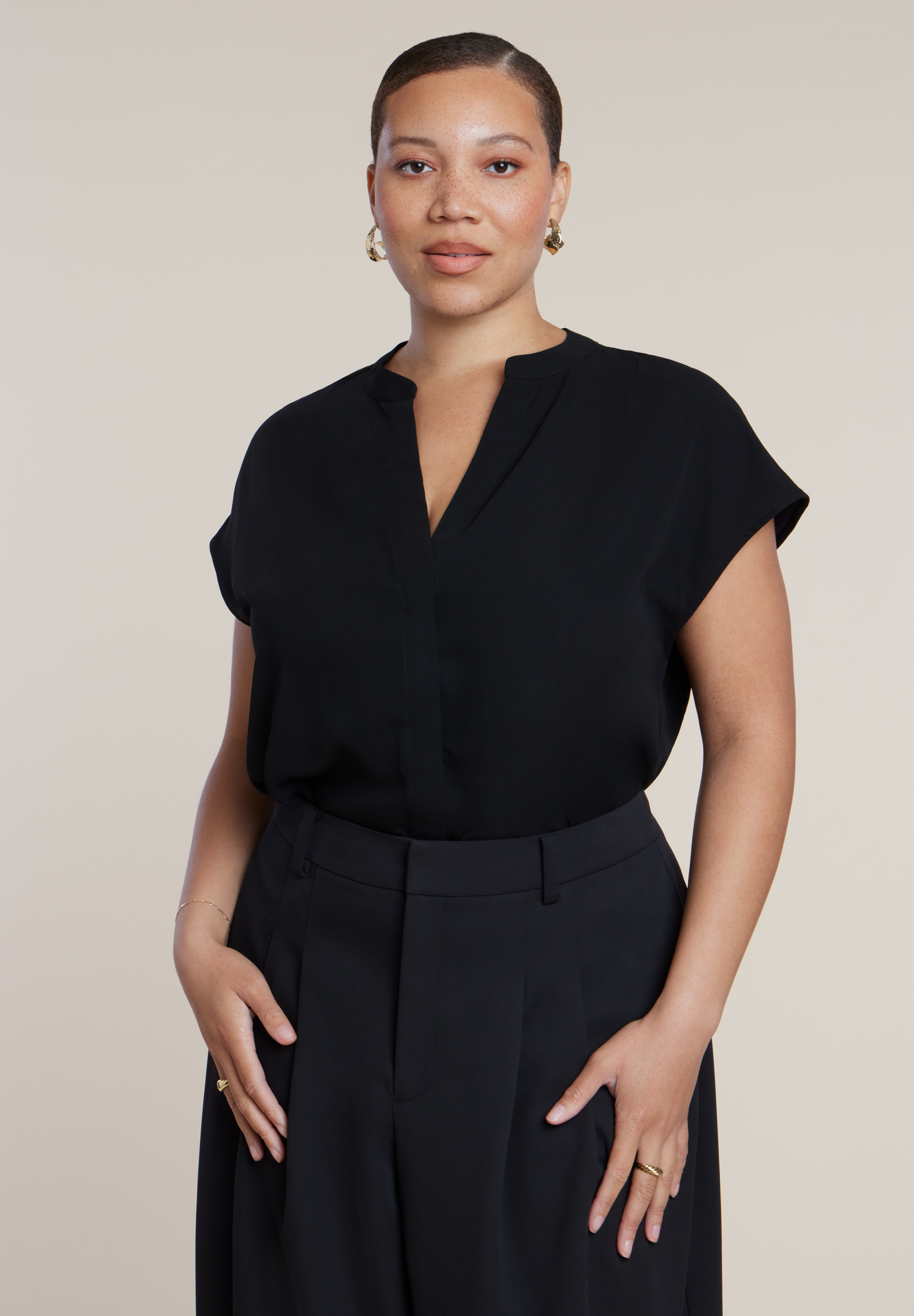 Short-Sleeve Notch Collar Blouse