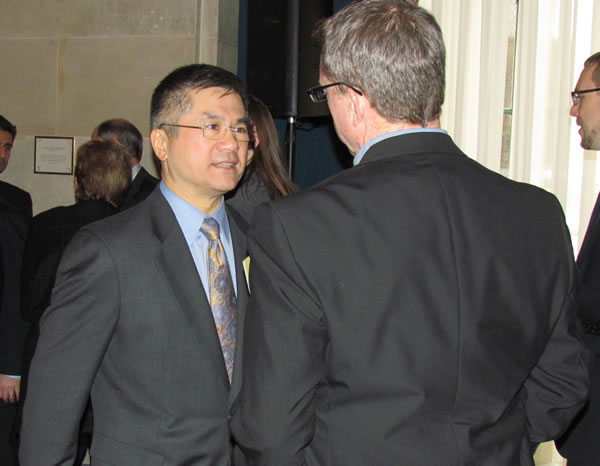 Department of Commerce Secretary Gary Locke chats before an event to release the National Strategy on Trusted Identities in Cyberspace on April 15 at the U.S. Chamber of Commerce 2011_04_lockenstic