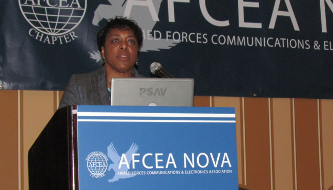 DISA Small Business Office Director Sharon Jones speaks Thursday at the AFCEA Nova Small Business Breakfast at the Sheraton Premiere in Vienna. 2011_04_sharonjones