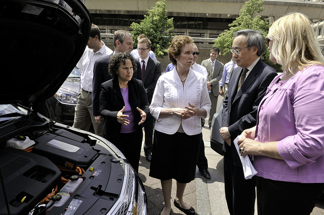 Martha Johnson, General Services Administrator, Sec. Steven Chu, US Department of Energy, and Nancy Sutley, White House Council on Environmental Council Chairwoman, speaking with a representative from Chevrolet. 2011_05_5755398643_369f89e972_z