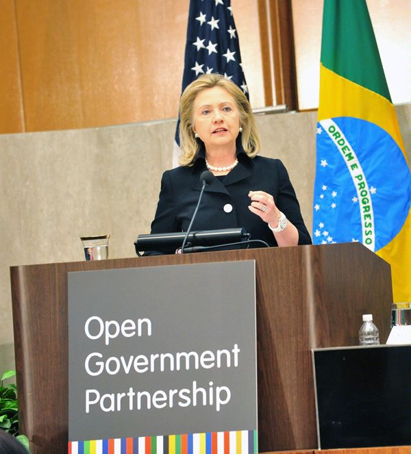 Secretary of State Hillary Clinton addresses attendees at the Open Government Partnership High-Level Meeting. 2011_07_2011_07_12_opengov_600_1