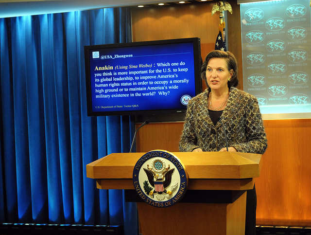 Victoria Nuland, Spokesperson for the U.S. Department of State, answers a question selected from the Department’s official Chinese Twitter feed, @USA_Zhongwen, on January 6, 2012. 2012_01_nuland