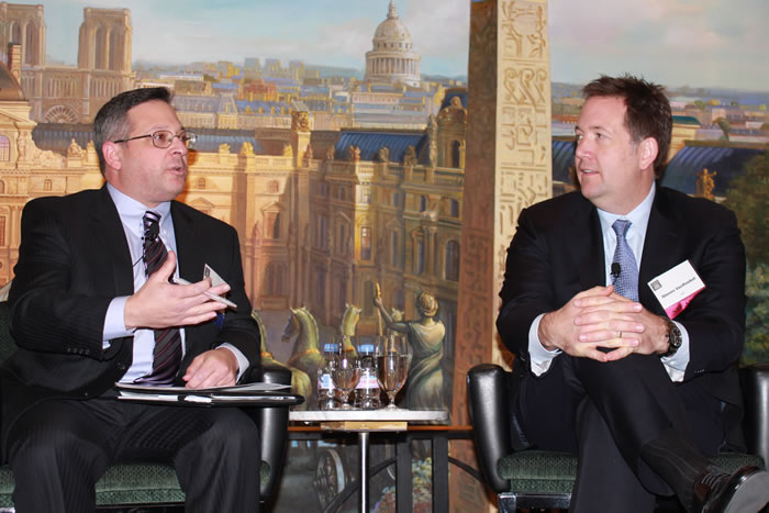 Nuclear Regulatory Commission CIO Darren Ash talks about mobility with Federal CIO Steven VanRoekel at an AFFIRM luncheon on Jan. 13. 2012_01_ashvanroekel