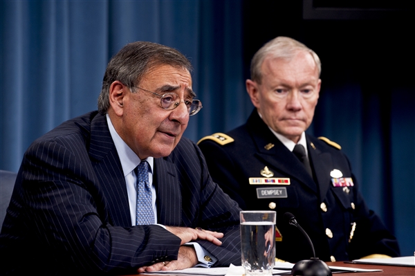 Defense Secretary Leon E. Panetta and Army Gen. Martin E. Dempsey, chairman of the Joint Chiefs of Staff, brief the press on major budget decisions stemming from the defense strategic guidance at the Pentagon, Jan. 26, 2012. DOD photo by U.S. Navy Petty Officer 1st Class Chad J. McNeeley 2012_01_scr_120126-D-TT977-247c