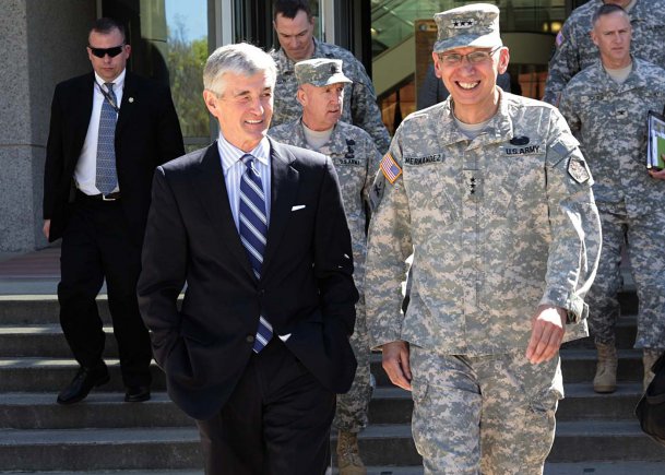 Secretary of the Army John McHugh and Lt. Gen. Rhett A. Hernandez, commanding general, Army Cyber Command/2nd Army, complete their visit to Army Cyber Command April 2, 2012, at Fort Belvoir, Va. McHugh made the visit to gain situational awareness and ensure the Army is correctly prioritizing, balancing and integrating resources to support the mission of this critical organization. (Photo: Robert Bills, INSCOM Photographer) 2012_04_size0