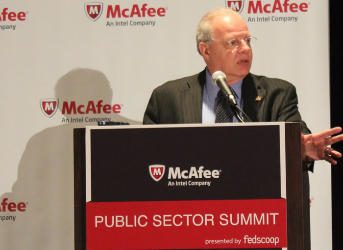 Special Assistant and Cyber Security Coordinator, Executive Office of the President Howard Schmidt addresses attendees at the McAfee Public Sector Summit, April 11, 2012. (Photo: David Stegon/FedScoop) 2012_04_howardschmidt