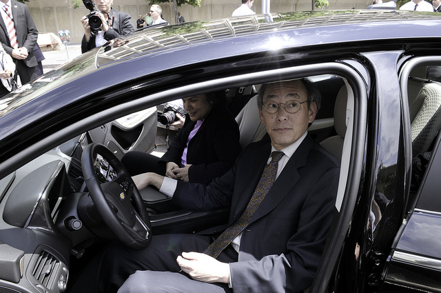 Secretary of Energy Steven Chu tests out a new Chevy Volt purchased by the Department of Energy. (Photo: Charles Watkins) 2012_06_chu