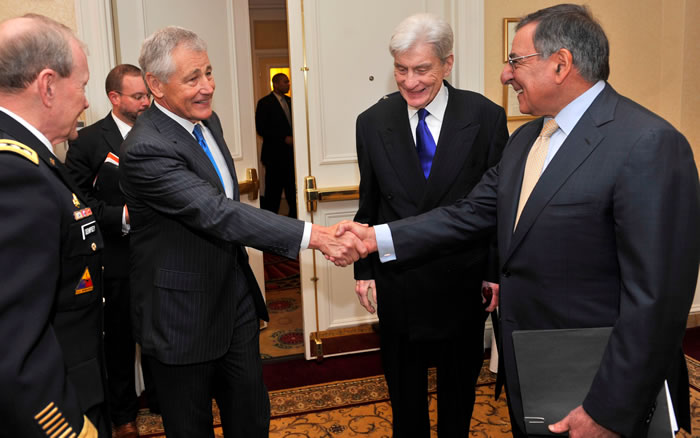 Former Sen. Chuck Hagel shakes hands with Secretary of Defense Leon Panetta, Washington D.C, May 9, 2012. (Photo: DOD/Glenn Fawcett) 2013_01_hagel-panetta