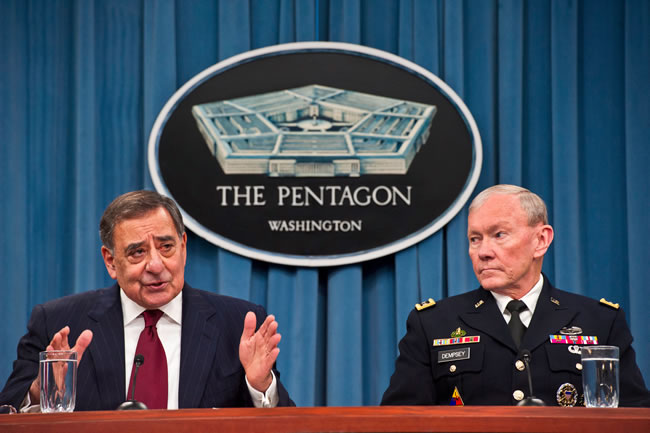 Defense Secretary Leon E. Panetta and Army Gen. Martin E. Dempsey, chairman of the Joint Chiefs of Staff, brief the press at the Pentagon, Jan. 10, 2013. Panetta and Dempsey discussed the effects of sequestration if it were to take effect at the end of March. (Photo: DOD) 2013_01_panetta-dempsey