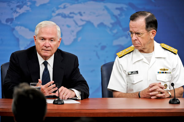 Secretary of Defense Robert Gates and Joint Chiefs of Staff Chairman Mike Mullen address reporters during a press briefing Wednesday at the Pentagon. 2011_05_dodgates