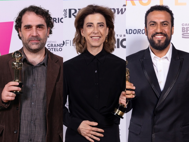 Pedro Freire, Fernanda Torres e Ricardo Teodoro no Prêmio Grande Otelo — Foto: reprodução/Instagram @academia_brasileira_de_cinema