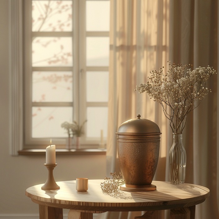 Urn, candle, and flowers on table representing Southampton, PA cremation services in a peaceful memorial setting