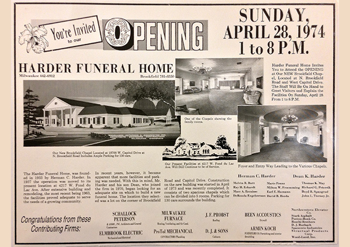 Flyer for the Brookfield Chapel Grand Opening in 1974
