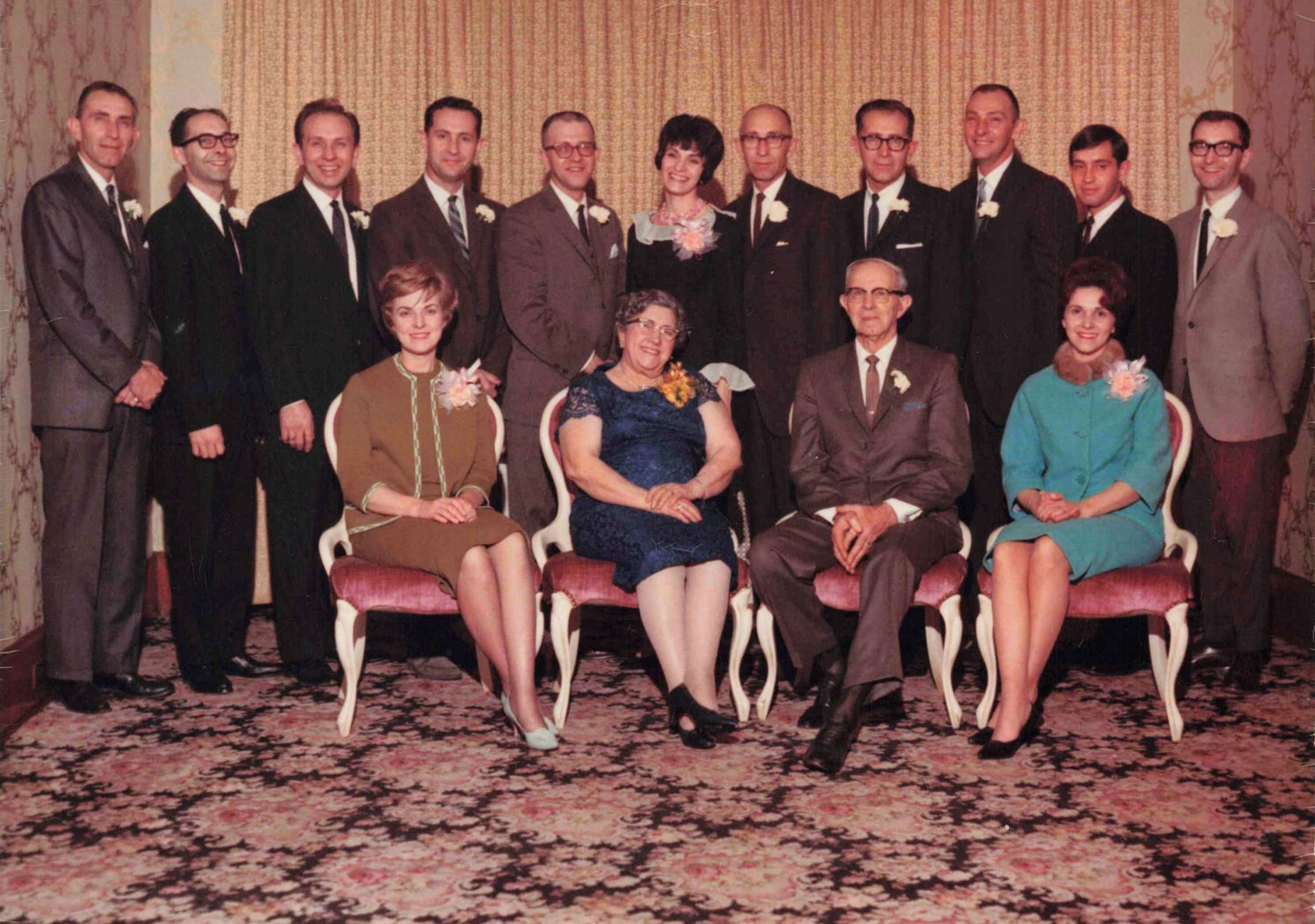 Ora and Marion Snyder, surrounded by their 13 children on the occasion of their 50th wedding anniversary in 1966 seated: Betty, Marion, Ora, Pat standing: Dick, Jim, Phil, Pete, Paul, Janet, Dave, Dan, Bob, Arden, Art 