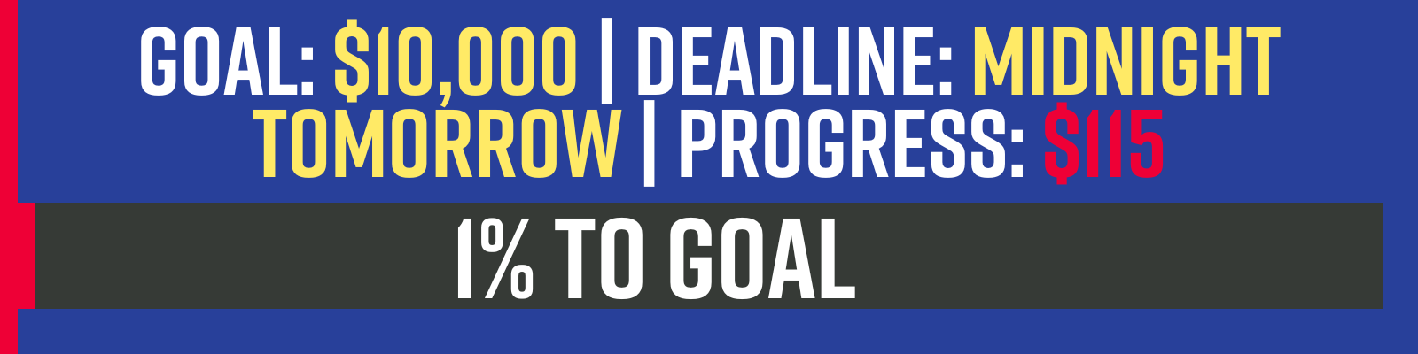 GOAL: $10,000 | DEADLINE: MIDNIGHT TOMORROW | PROGRESS: $115